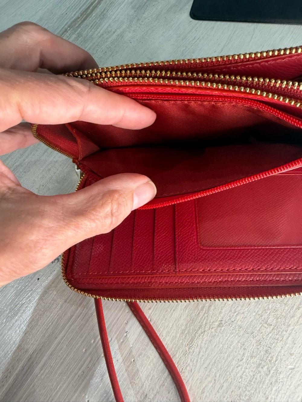 Coach Brown Double Zip Wallet with Red Signature Stripe Accent - Picture 11 of 14